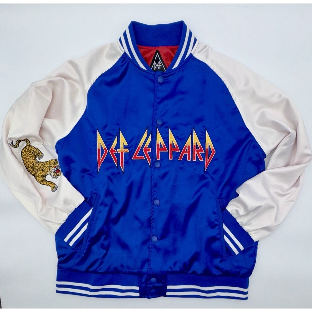 DEF LEPPARD Original 2024 Concert Tour Bomber Jacket Blue White Fire Logo Mens L